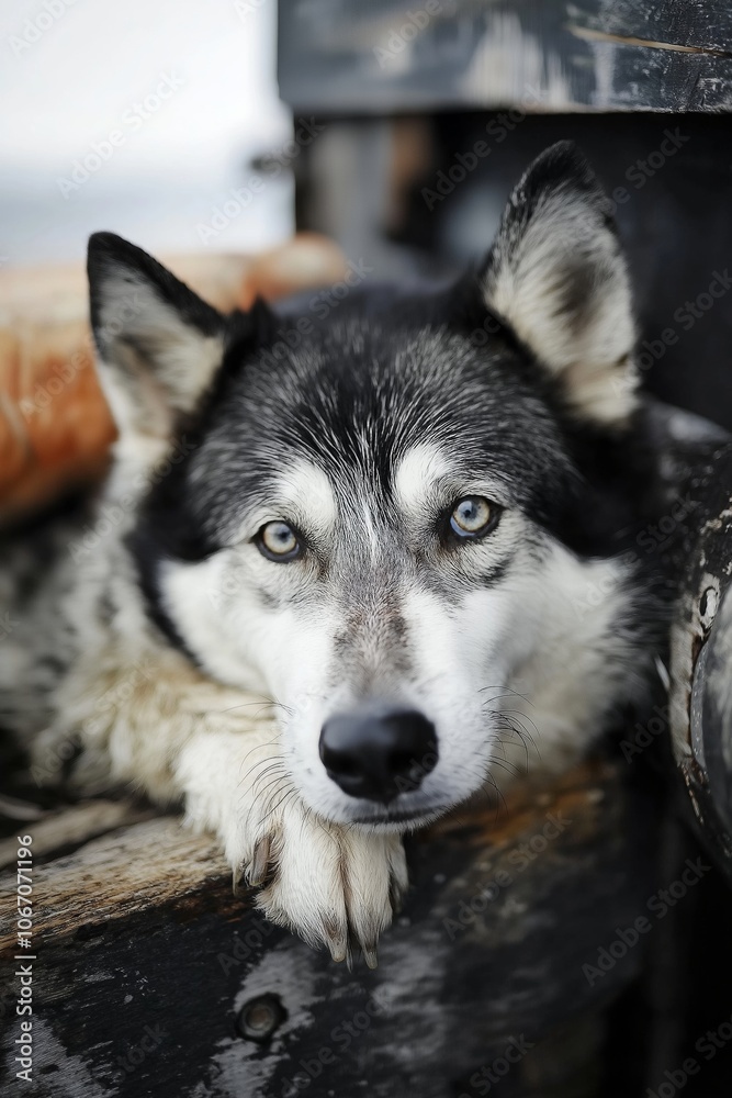 Obraz premium A captivating close-up of a Siberian Husky with piercing eyes and its paws resting on a wooden surface.