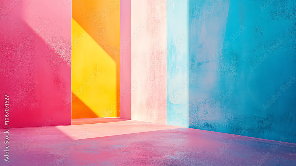 Vibrant abstract room with colorful walls in shades of blue, pink, and yellow, showcasing modern geometric design and sunlight streaming through.