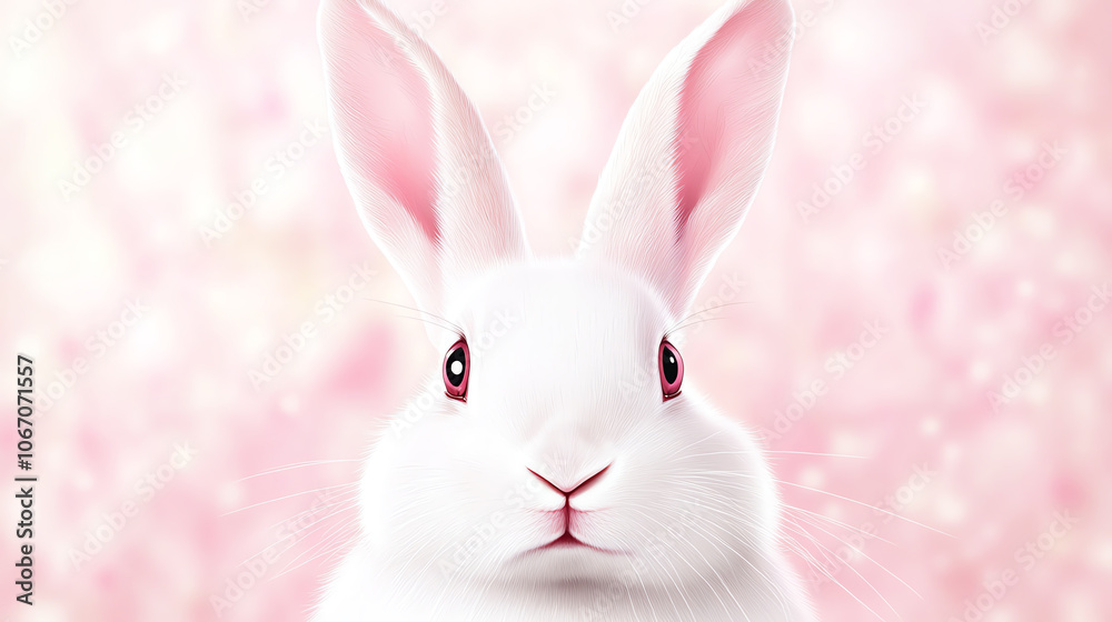 Obraz premium Captivating white rabbit stares intently against a soft pink background symbolizing innocence and playfulness