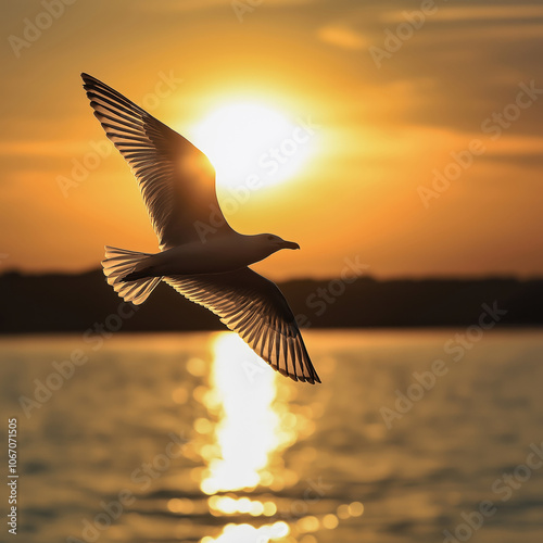 A seagull elegantly soars against a vibrant sunset, reflecting on still water. photo