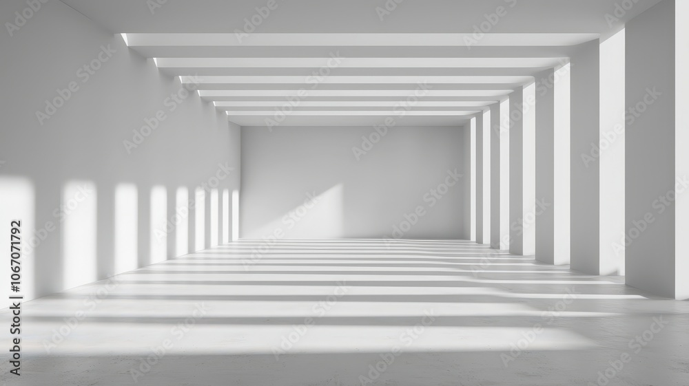 A minimalist, bright interior space featuring white walls and long shadows, creating a serene and spacious atmosphere. A minimalist, bright interior space featuring white walls and long shadows, creating a serene and spacious atmosphere.