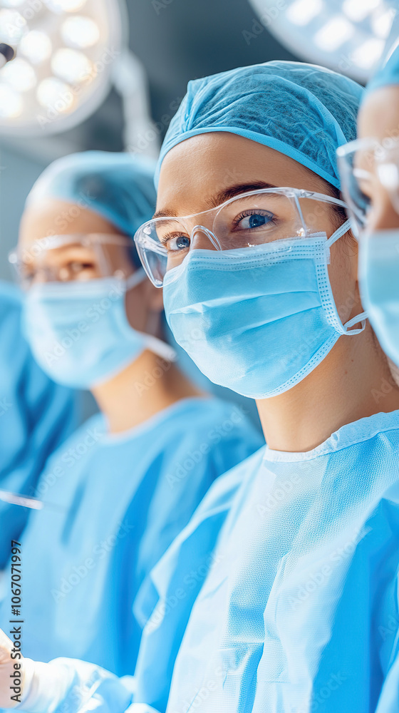 Team of Surgeons in Operating Room, group of doctors in blue scrubs and surgical masks Team of Surgeons in Operating Room, group of doctors in blue scrubs and surgical masks