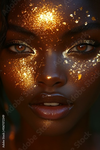 Woman's face adorned with sparkling glitter, close-up portrait.