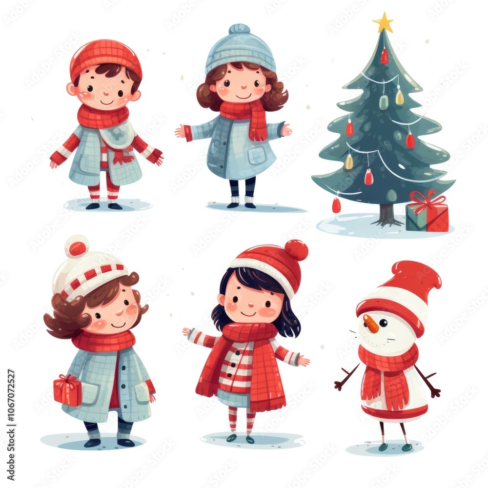 Festive winter scene with children in cozy attire around decorated christmas tree Festive winter scene with children in cozy attire around decorated christmas tree