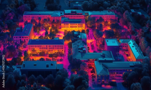 Heatmap of a university campus, with vibrant colors showing the most populated buildings and cooler tones in the quieter areas.