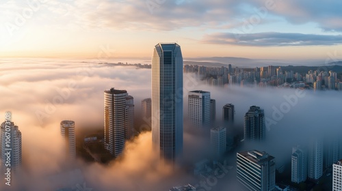 A serene sunrise over a fog-covered city skyline with towering buildings emerging into the mist photo