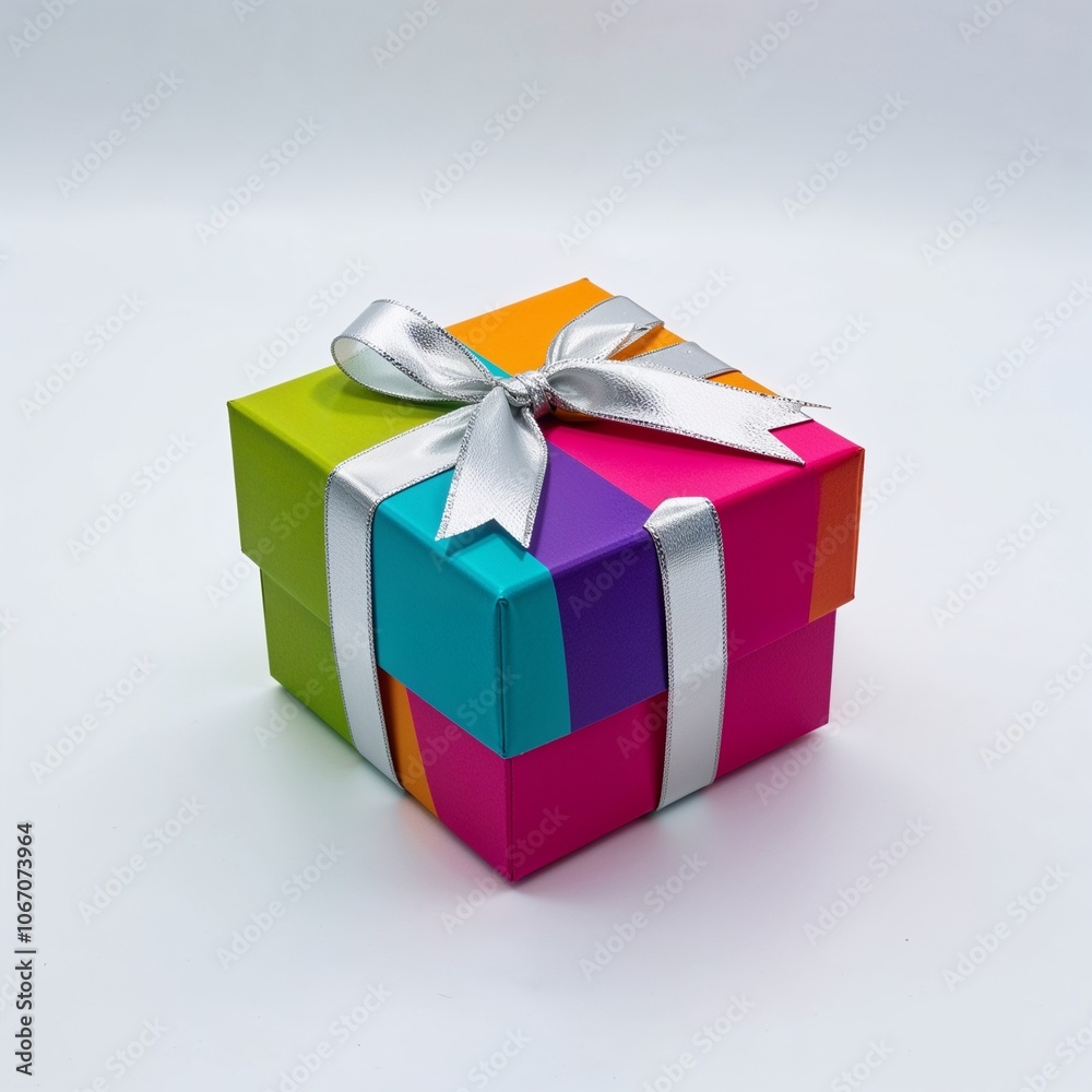 Colorful square box with a gold ribbon, against a plain white background Colorful square box with a gold ribbon, against a plain white background