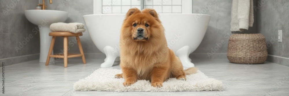 Chow chow dog sitting on a fluffy bath mat in a modern bathroom, bathroom Chow chow dog sitting on a fluffy bath mat in a modern bathroom, bathroom
