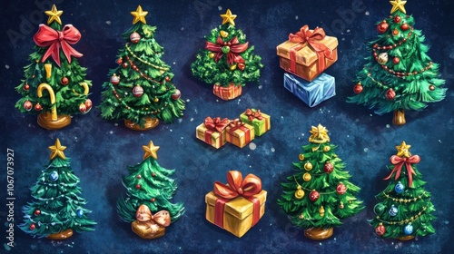 Colorful Christmas Trees and Gifts Collection photo