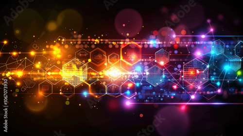 Futuristic hexagons showcasing digital technology with vibrant colors and glowing effects create mesmerizing visual experience. interplay of light and shapes evokes sense of innovation and