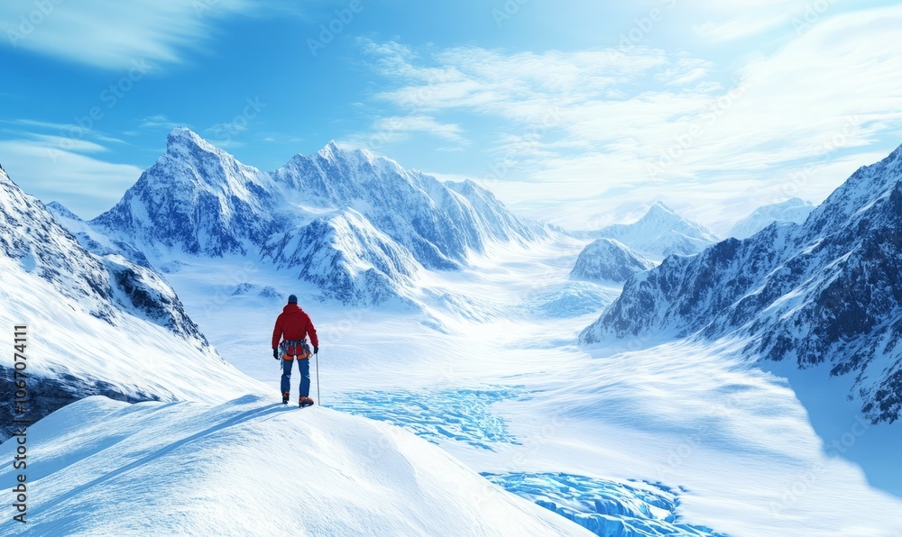 Ice climber reaching the top of a frozen glacier, with snowy peaks and vast ice fields stretching out below Ice climber reaching the top of a frozen glacier, with snowy peaks and vast ice fields stretching out below