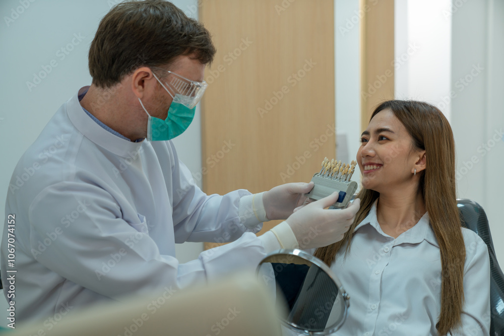 The male Caucasian dentist doctor explained the teeth color bar to the patient to compare the color before cure. The male Caucasian dentist doctor explained the teeth color bar to the patient to compare the color before cure.