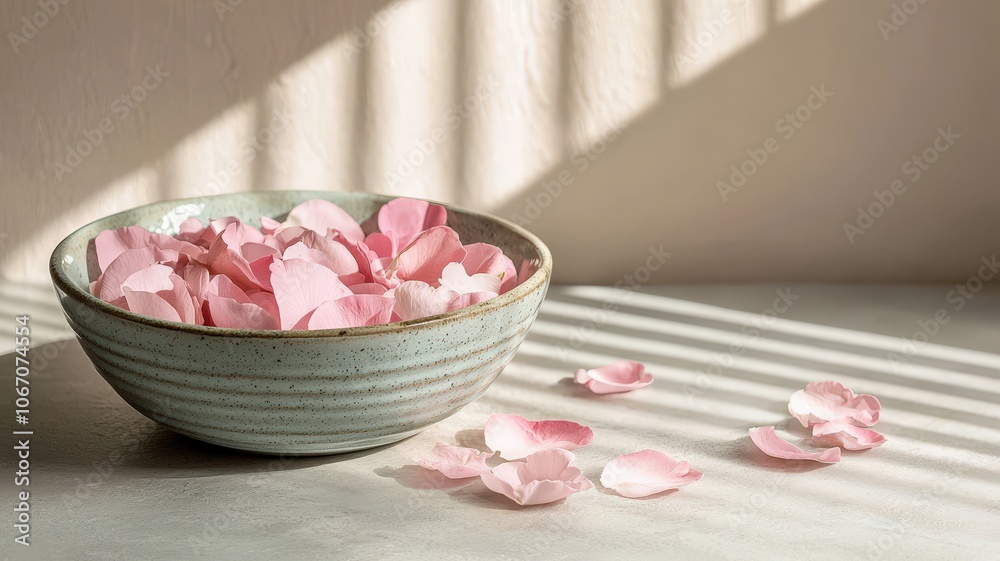 A delicate bowl filled with soft pink petals, surrounded by scattered petals and beautiful sunlight casting gentle shadows. A delicate bowl filled with soft pink petals, surrounded by scattered petals and beautiful sunlight casting gentle shadows.