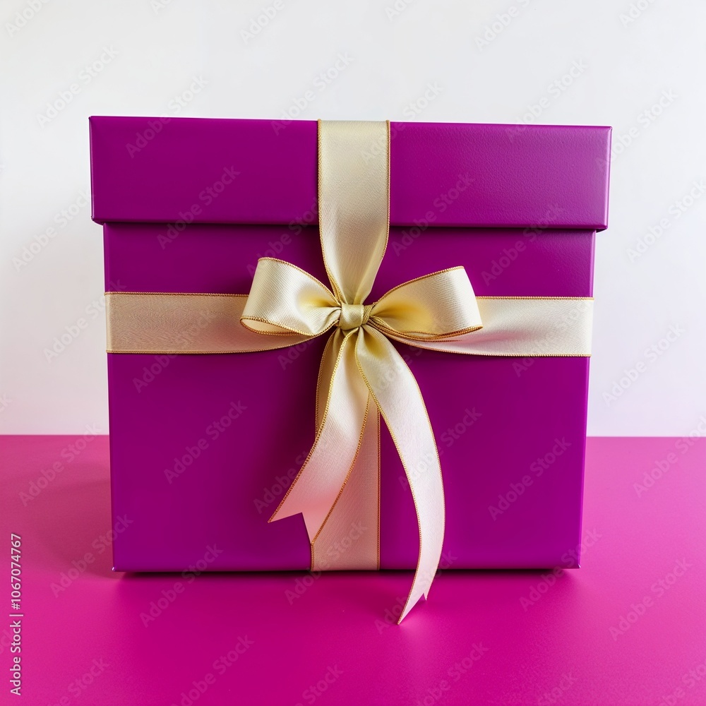 Purple square box with a gold ribbon, against a plain white background