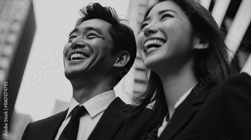 Asian business man and woman very happy,young man and young woman,nikon,35mm,f/8,Half-length photo,reality,vogue,model,8K, generative ai