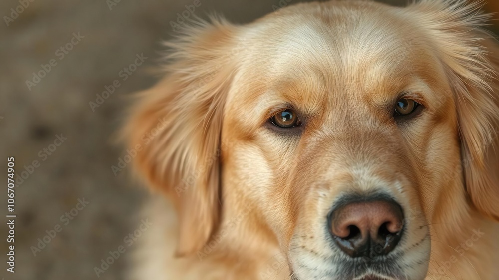 Close up of a majestic golden retriever with fluffy fur and shining eyes, fur Close up of a majestic golden retriever with fluffy fur and shining eyes, fur