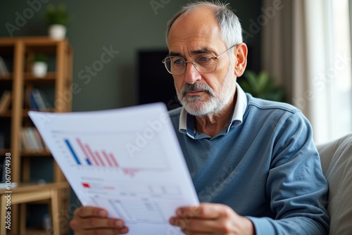 Senior Man Reading Document at Home: Financial Planning, Retirement, Budgeting, Investment Concept photo