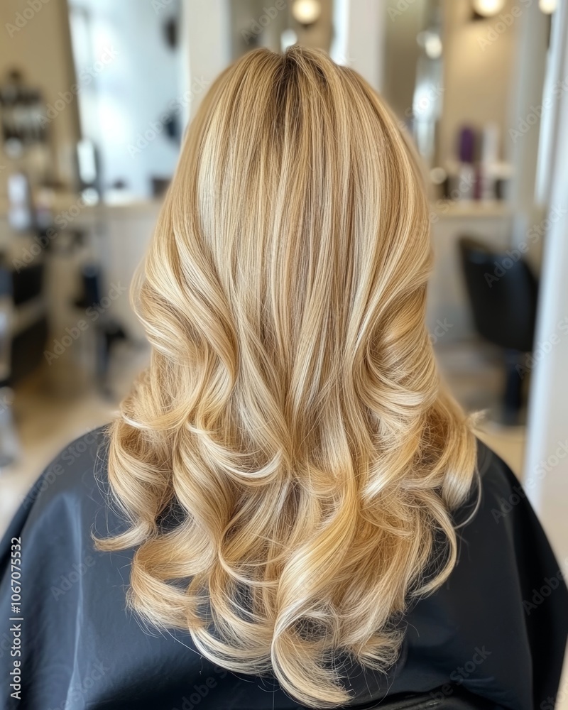 Back view of blonde hair styled with soft curls for a voluminous and polished look, captured in a salon setting. Back view of blonde hair styled with soft curls for a voluminous and polished look, captured in a salon setting.