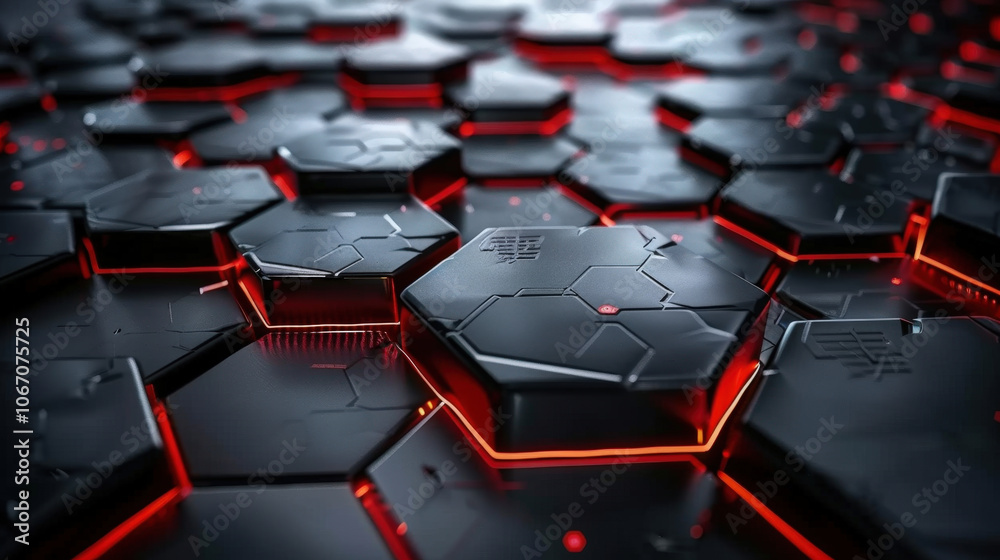 Fototapeta premium Futuristic hexagonal patterns with glowing red edges create striking visual effect, showcasing blend of technology and design. intricate details evoke sense of innovation and modernity