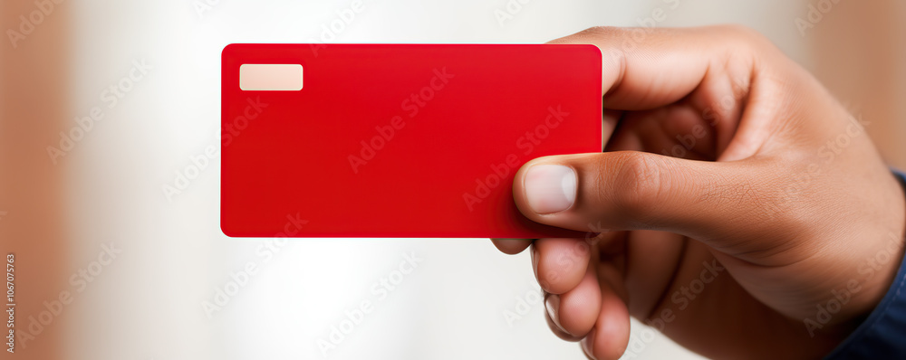 A person holding a red card in a brightly lit room during daytime, displaying the card's smooth surface and simple design A person holding a red card in a brightly lit room during daytime, displaying the card's smooth surface and simple design