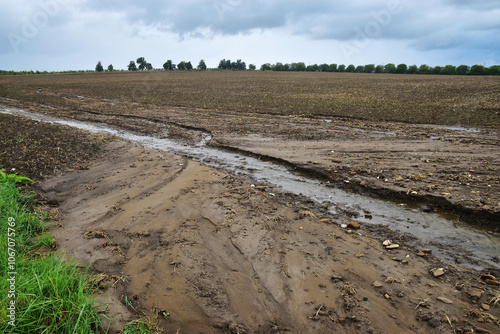 Field erosion soil damage by water after rain