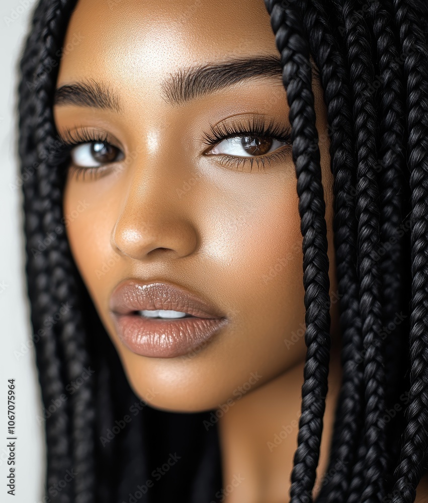 Detailed close-up of a woman’s face featuring braided hair, flawless skin, natural makeup, and defined facial features in soft lighting. Detailed close-up of a woman’s face featuring braided hair, flawless skin, natural makeup, and defined facial features in soft lighting.