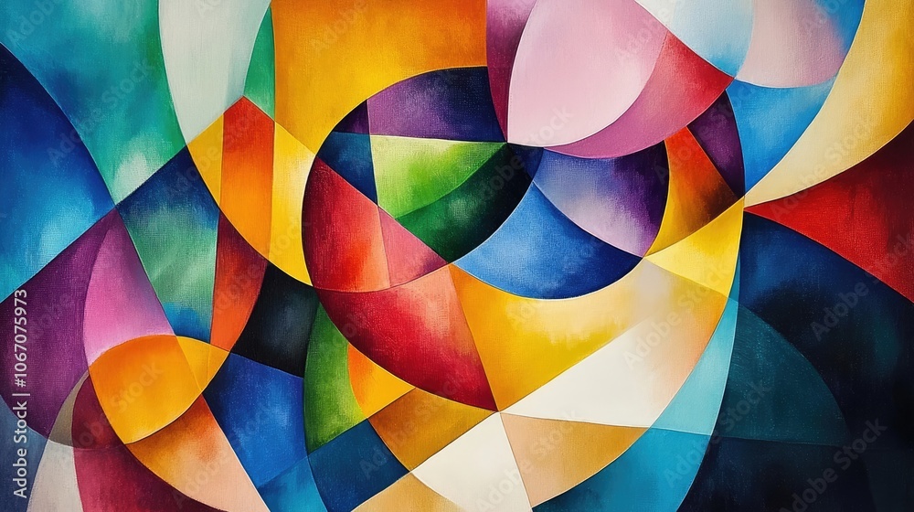 Obraz premium Vibrant geometric artistic painting in a blend of bright colors, creating visual interest with dynamic shapes and patterns. The artwork invites engagement with its color palette and design.