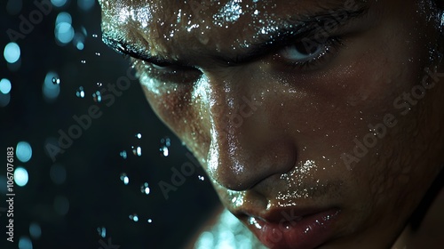 90. Close-up of sweat droplets on player s face mid-action photo