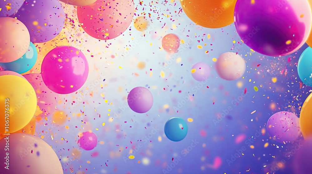 Vibrant party background filled with colorful balloons and confetti creates an energetic atmosphere. Perfect party background for celebrations with ample copy space. Vibrant party background filled with colorful balloons and confetti creates an energetic atmosphere. Perfect party background for celebrations with ample copy space.