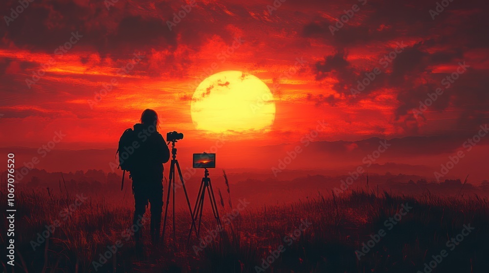 Silhouette of a Photographer Capturing a Fiery Sunset with a Tripod Silhouette of a Photographer Capturing a Fiery Sunset with a Tripod