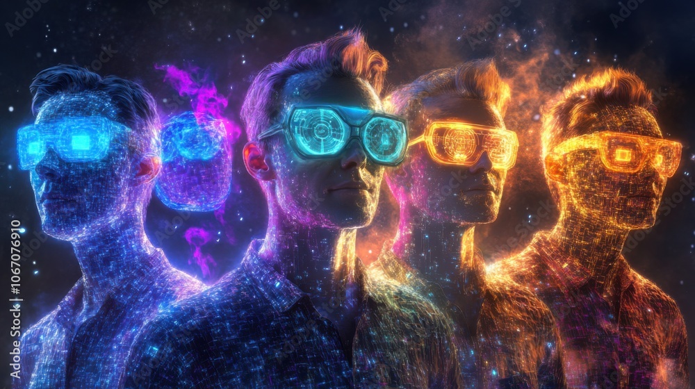 Futuristic Man with Neon Glasses and Digital Patterns Futuristic Man with Neon Glasses and Digital Patterns