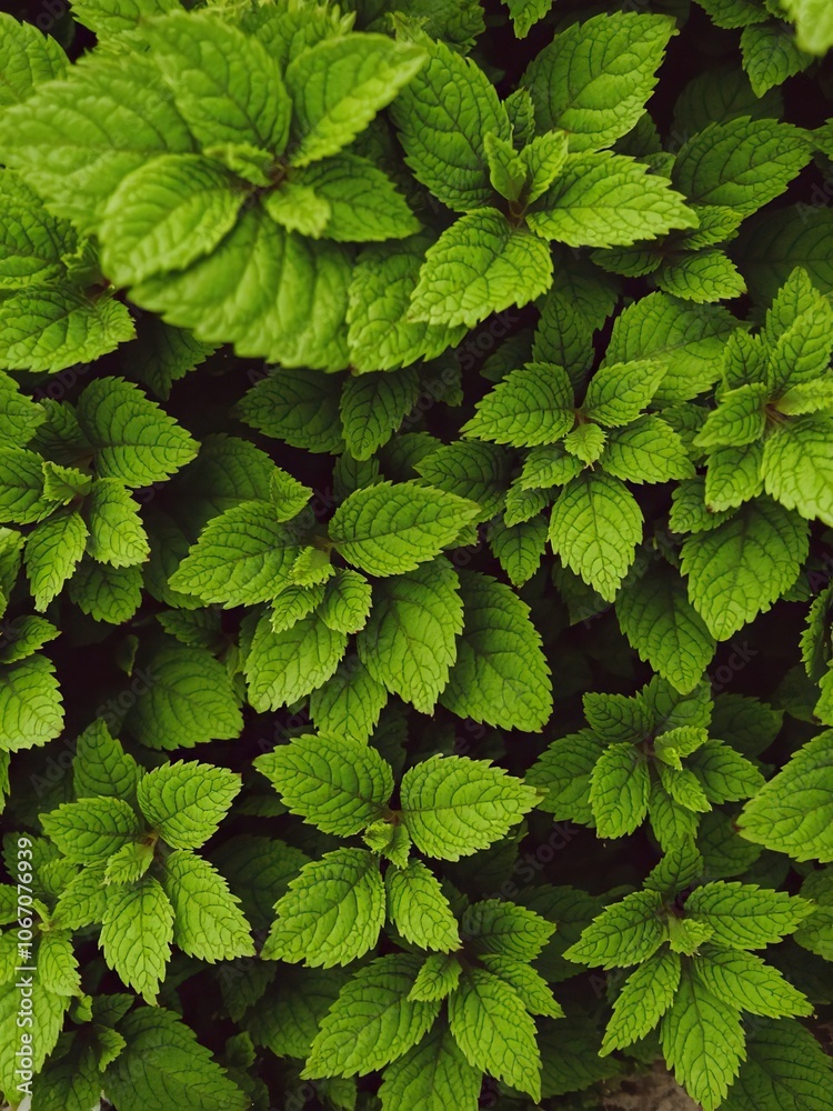 Close-up shot of lush green foliage texture with intricate leaf patterns and vibrant shades of green, greenery