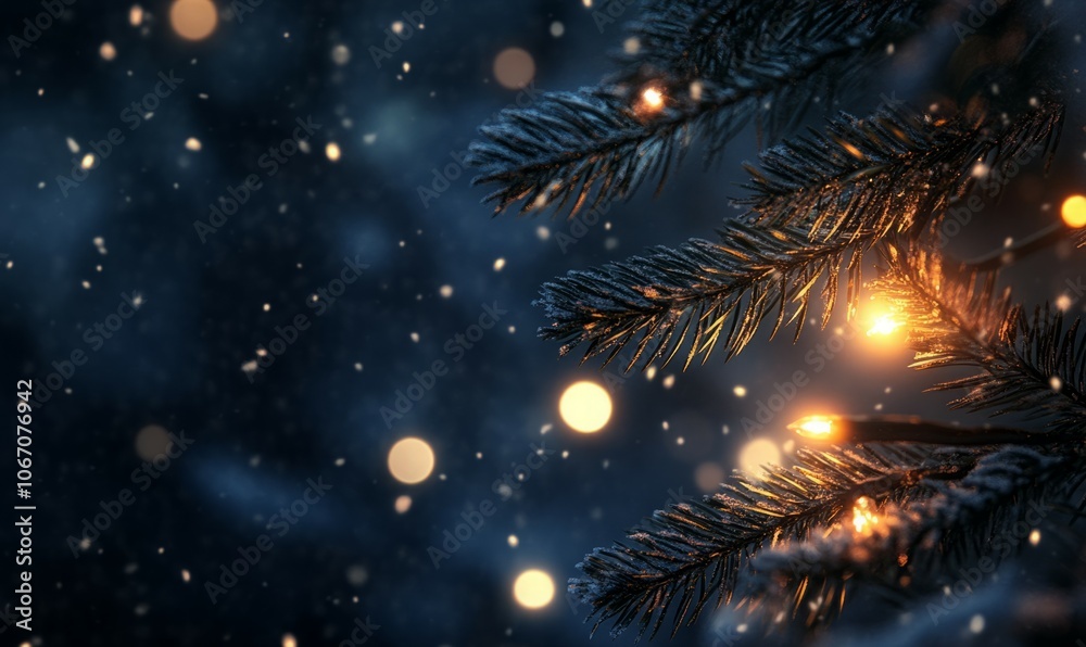 Lit Christmas tree branches with glowing lights in a snowy night scene Lit Christmas tree branches with glowing lights in a snowy night scene