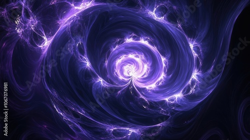 Abstract blue-violet fractal design swirls around a central light source, evoking a mesmerizing flow of energy with its intricate patterns and vibrant hues. Ample space for creative use.