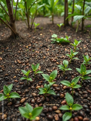 Coffee bean seedlings growing in a beautiful green natural environment, symbolizing growth and sustainability, environment