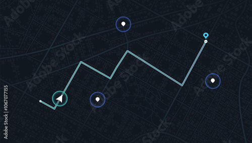 City map with designated destination, and multiple markers indicating various routes, including the shortest path option. Abstract navigation of city streets and neighborhoods. Vector illustration