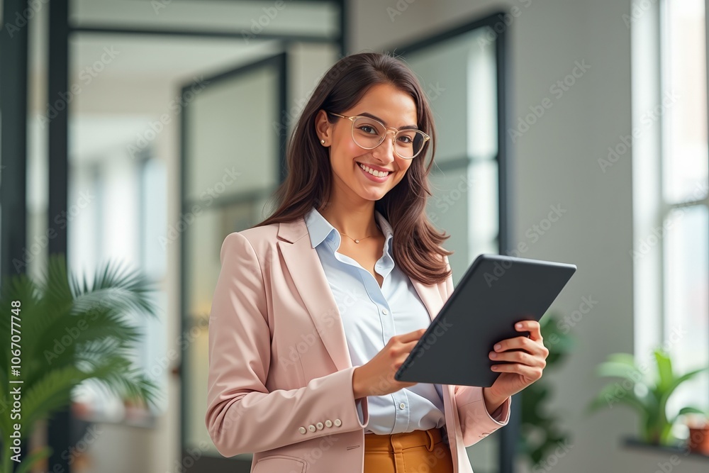 Professional Woman Holding Tablet in Modern Office Setting, Perfect for Business and Technology Websites Professional Woman Holding Tablet in Modern Office Setting, Perfect for Business and Technology Websites