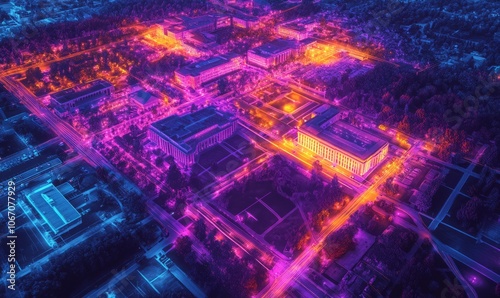 Heatmap of a university campus, with vibrant colors showing the most populated buildings and cooler tones in the quieter areas.