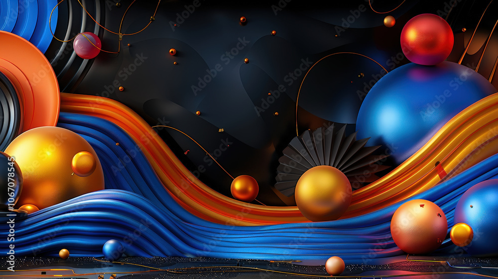 Obraz premium Dynamic abstract composition featuring colorful spheres and flowing waves in modern design. vibrant colors and shapes create energetic and festive atmosphere