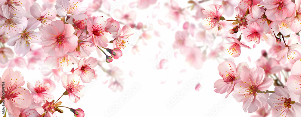 Obraz premium Cherry blossom tree branch with pink flowers and yellow leaves 