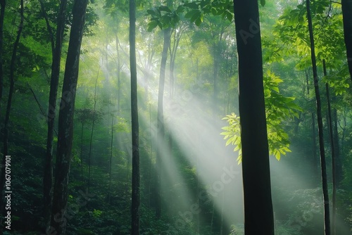 The sun is shining through the trees, creating a peaceful and serene atmosphere. The light is filtering through the leaves, casting a warm glow on the forest floor. The scene is calm and tranquil