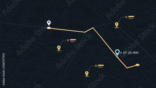 Route on the map to pin. City street map with various points of interest. GPS tracking system to navigate and find way around the city landmarks, directions to different locations. Vector illustration