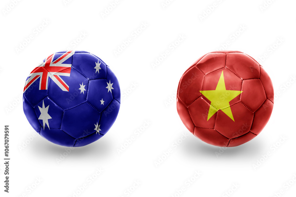 Obraz premium football balls with national flags of vietnam and australia ,soccer teams. on the white background.