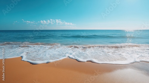 Wave coming in to the beach with a bright blue sky