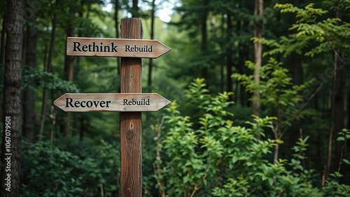 A weathered wooden signpost with three arrows pointing in different directions amidst a lush green forest setting, symbolizing the concepts of rethink, rebuild, and recover, forest