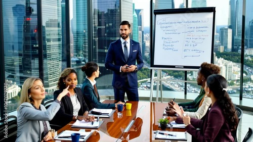 Businessman giving a presentation to an international team in a modern boardroom with large windows showing a cityscape, highlighting collaboration during a business meeting abroad
