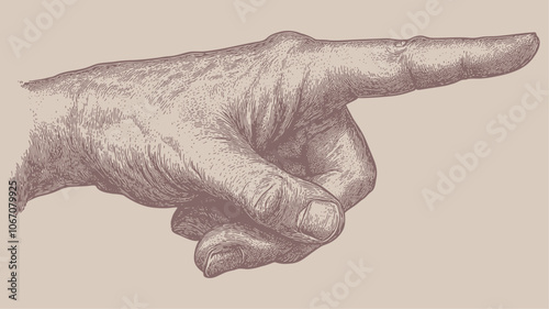 A detailed image of a pointing finger in an engraving style, vector illustration.