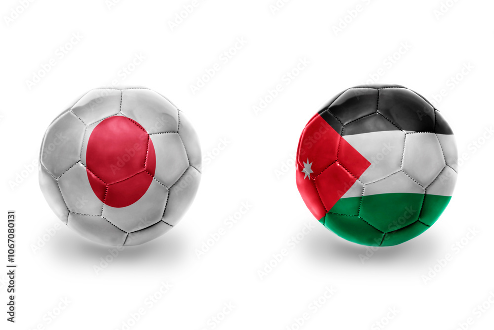 football balls with national flags of jordan and japan ,soccer teams. on the white background. football balls with national flags of jordan and japan ,soccer teams. on the white background.