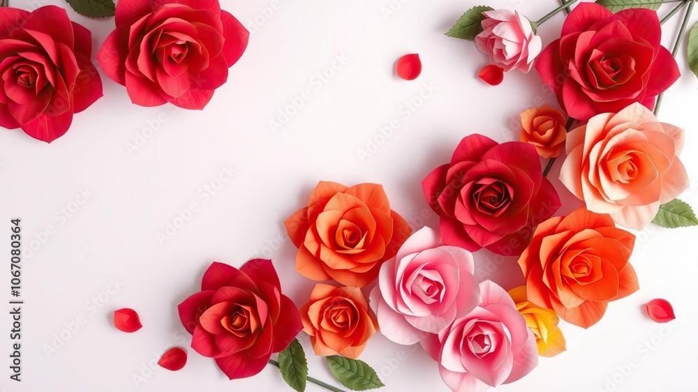Backdrop of colorful paper roses in various shades of red, pink, orange, and yellow, bloom Backdrop of colorful paper roses in various shades of red, pink, orange, and yellow, bloom