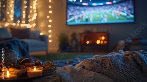 Cozy indoor Super Bowl gathering with friends and snacks